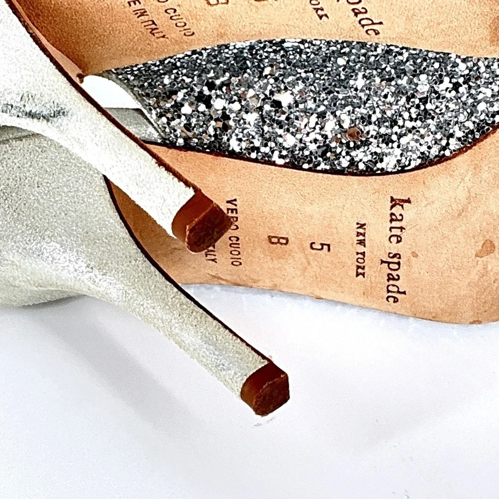 Kate Spade New York‎ Size 5 Silver Glitter Bow Slingback Heels Weddding Bridal